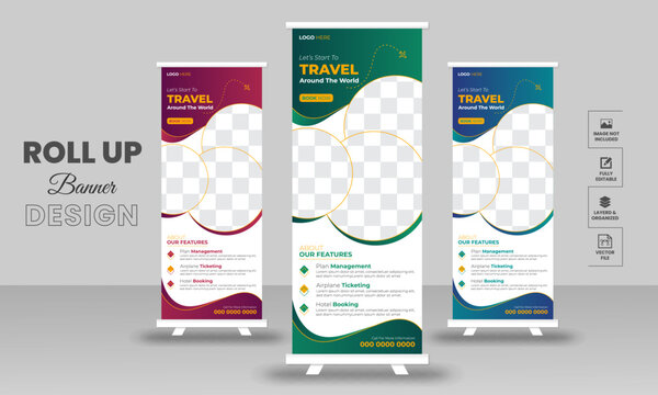 Travel Business agency Roll Up Banner Template presentation, vector layout for tour or travel vacation  purposes.