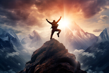 person on the top of mountain spreading hands , celebrating success and achievements  - obrazy, fototapety, plakaty