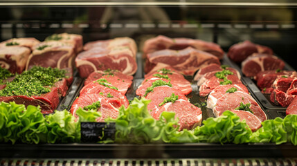 A display of various cuts of raw meat in a butcher's refrigerated case, with labels and green lettuce garnish on the side.