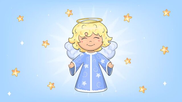 An angel flies in the blue sky with stars. Cute cartoon looped animation. Christmas or night background.