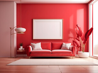 Red modern interior design with an empty blank frame design.