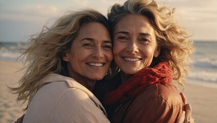 Happy, hug and portrait of sisters on beach with love and gratitude