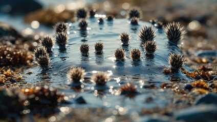 hedgehog carefully navigating tidepools exposed by the receding tide, its curious expression as it investigates the marine life within - obrazy, fototapety, plakaty