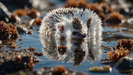 hedgehog carefully navigating tidepools exposed by the receding tide, its curious expression as it investigates the marine life within