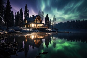 Aurora Boreal illuminates village under starry sky., generative IA