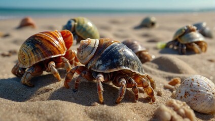 hermit crabs emerging from their vibrant shells, scattered across the sandy beach as they search for food and shelter