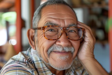 Smiling senior hispanic man posing inside a room looking at the camera