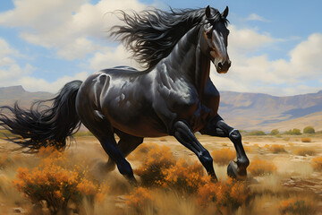 black horse running in the field