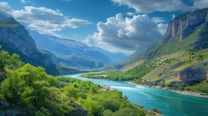 Scenic River Valley: Lush greenery, mountain backdrop, clear sky.
