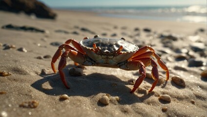  crab scuttling along the beach, its shell glinting in the sunlight as it explores the sandy shoreline