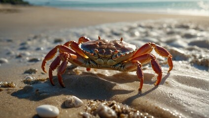  crab scuttling along the beach, its shell glinting in the sunlight as it explores the sandy shoreline - obrazy, fototapety, plakaty