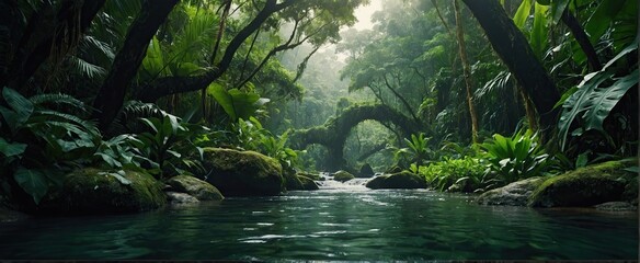 Deep tropical jungles with water stream - obrazy, fototapety, plakaty