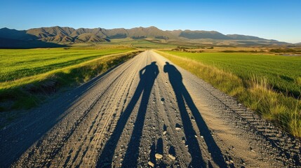 Fototapeta na wymiar Journey Together: Group Shadow on a Dirt Road at Golden Hour Road Trip Adventure