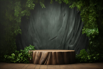 Naklejka premium wooden round empty product stage with copy space, black rock background, environmentally friendly, 