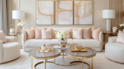 Fototapeta na wymiar Elegant Blush Pink Sofa Living Room Interior with Abstract Art