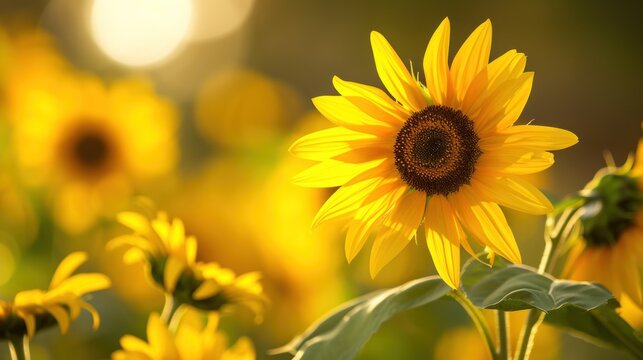  a sunflower in a field of sunflowers with a boke of light shining on the backround of the picture and a blurry background of the sun.