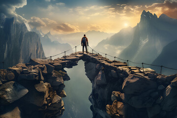 A hiker on the mountain bridge