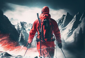 hazy backdrop and gorgeous view of a skier with a red jacket descending a snowy mountain Generative AI