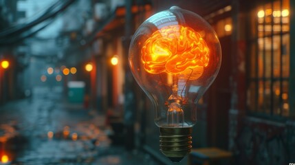 light bulb with a glowing brain - obrazy, fototapety, plakaty