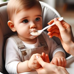 Baby Being Fed by Spoon. mother feeds baby