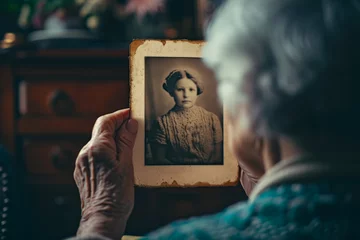 Blackout roller blinds Old door Elderly woman looks at vintage photo of her childhood portrait. Senior lady holding in hand old photo frame. Memories, nostalgia, family album