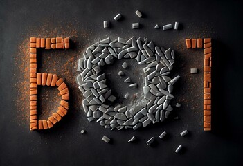 Word Stop made of dry tobacco and broken cigarettes on dark grey background, flat lay. Quitting smoking concept. Generative AI