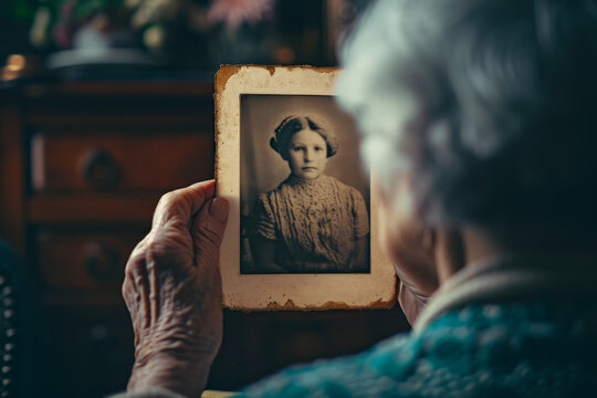 Elderly woman looks at vintage photo of her childhood portrait. Senior lady holding in hand old photo frame. Memories, nostalgia, family album