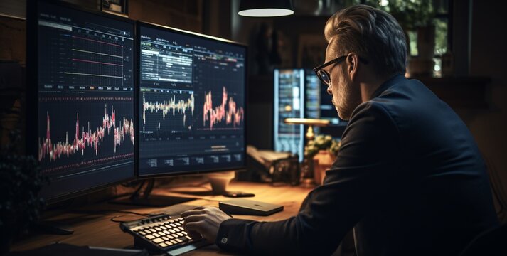 A Man Sitting At A Desk Looking At A Computer Screen