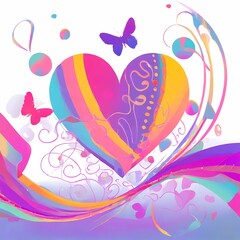 Fototapeta premium illustration of an background, heart with butterflies and flowers