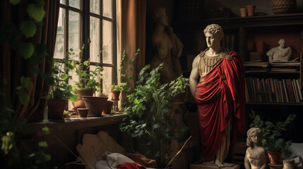 Julius Caesar statue in ancient Rome, stoned statue on a roman background. Gaius Iulius Caesar