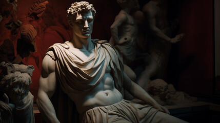 Julius Caesar statue in ancient Rome, stoned statue on a roman background. Gaius Iulius Caesar