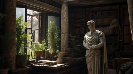 Julius Caesar statue in ancient Rome, stoned statue on a roman background. Gaius Iulius Caesar - obrazy, fototapety, plakaty