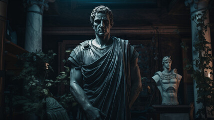 Fototapeta na wymiar Julius Caesar statue in ancient Rome, stoned statue on a roman background. Gaius Iulius Caesar