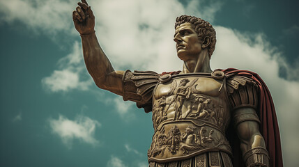 Julius Caesar statue in ancient Rome, stoned statue on a roman background. Gaius Iulius Caesar