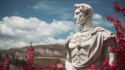 Julius Caesar statue in ancient Rome, stoned statue on a roman background. Gaius Iulius Caesar