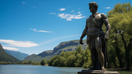 Julius Caesar statue in ancient Rome, stoned statue on a roman background. Gaius Iulius Caesar