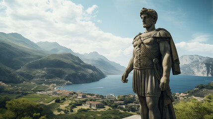 Julius Caesar statue in ancient Rome, stoned statue on a roman background. Gaius Iulius Caesar