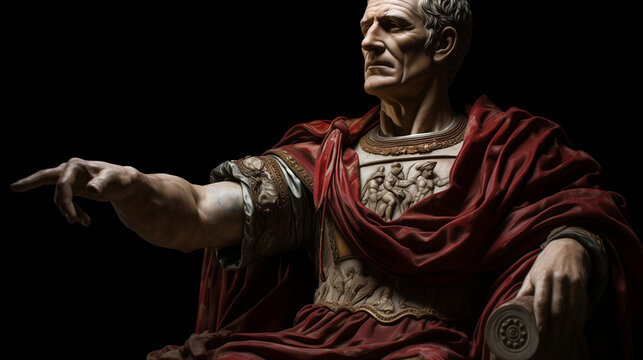 Julius Caesar statue in ancient Rome, stoned statue on a roman background. Gaius Iulius Caesar