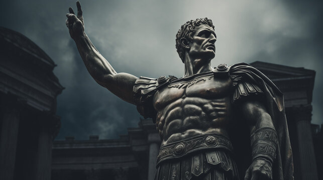 Julius Caesar statue in ancient Rome, stoned statue on a roman background. Gaius Iulius Caesar