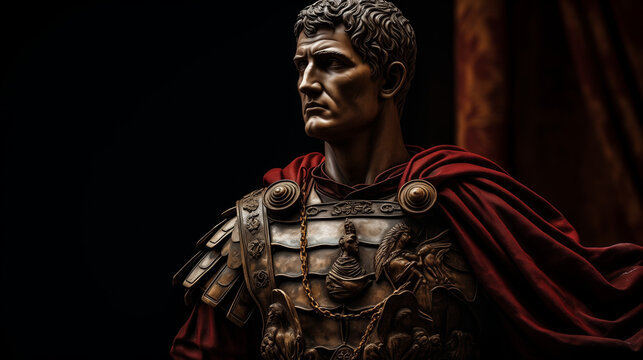 Julius Caesar statue in ancient Rome, stoned statue on a roman background. Gaius Iulius Caesar