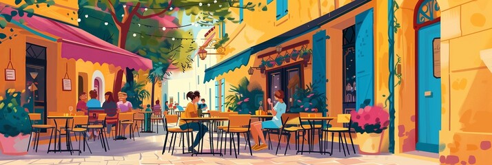 Quaint European Street Cafe Scene: Patrons Enjoying Outdoor Dining Amidst Colorful Buildings and String Lights - Ideal for Travel and Lifestyle Imagery