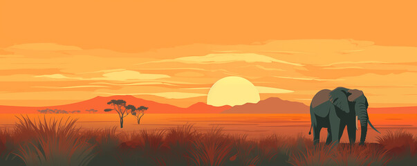 Elephant on a beautiful African savanna landscape at sunset, panoramic view, illustration generated by ai