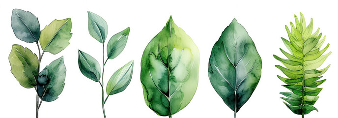 Watercolor tropical leaves: monstera, rubber plant, banana palm. Botanical illustration of exotic flora. Isolated objects on white background