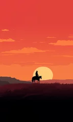 Keuken foto achterwand Horse rider in a beautiful arid landscape at sunset, panoramic view, vertical, illustration generated by AI  © emilio100