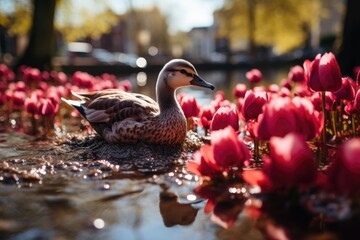 City square with flower seats and flower beds, children and ducks in harmony., generative IA