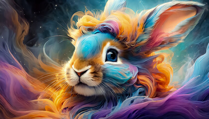 Visage d'un lapin tête de lion avec des ondulations colorées