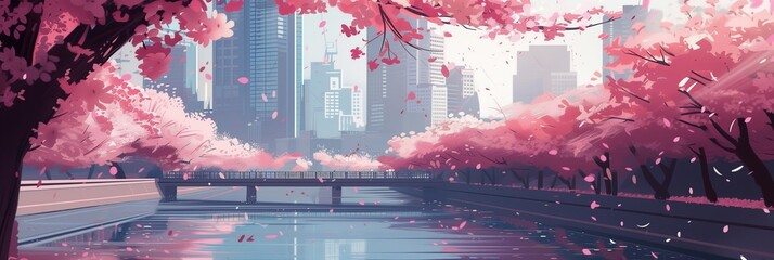 Blossoming Cherry Blossoms along a Serene River in a Modern Korean Cityscape - Perfect for Urban Springtime and Travel Themes