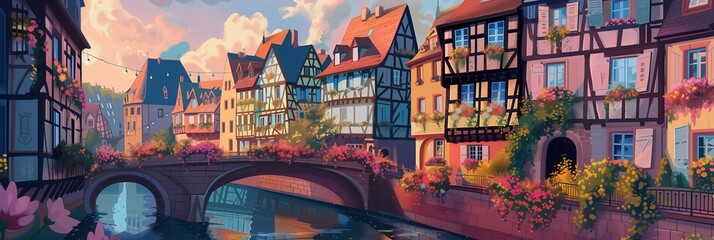 Enchanting Autumn Scene in Colmar with Half-Timbered Houses and Floral Bridge over Canal - Ideal for Travel and Seasonal Themes
