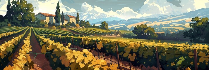 Tranquil Vineyard at Sunset with Rolling Hills and Farmhouse, Perfect for Wine Labels, Travel Brochures, and Agricultural Promotions