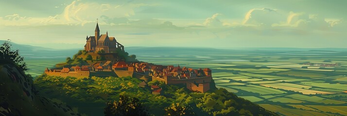 Sunset Serenity at Mont Sainte-Odile: A Picturesque Illustration of the Historic Abbey Overlooking the Alsace Region